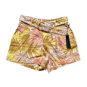 Tahari High Rise Tropical Palm Leaf Vacation Linen Shorts Boho Resort Size 8 NWT